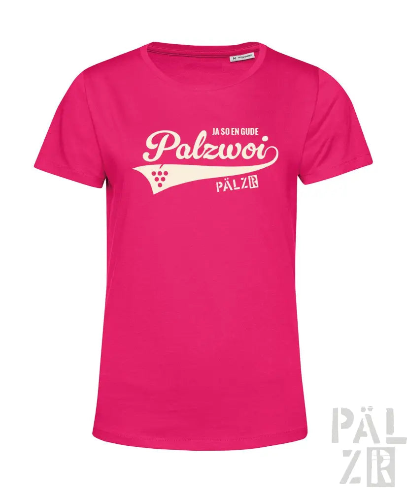 Rosa T-Shirt mit ’palzwori’-Design und Trauben-Grafik, Baumwollmaterial.