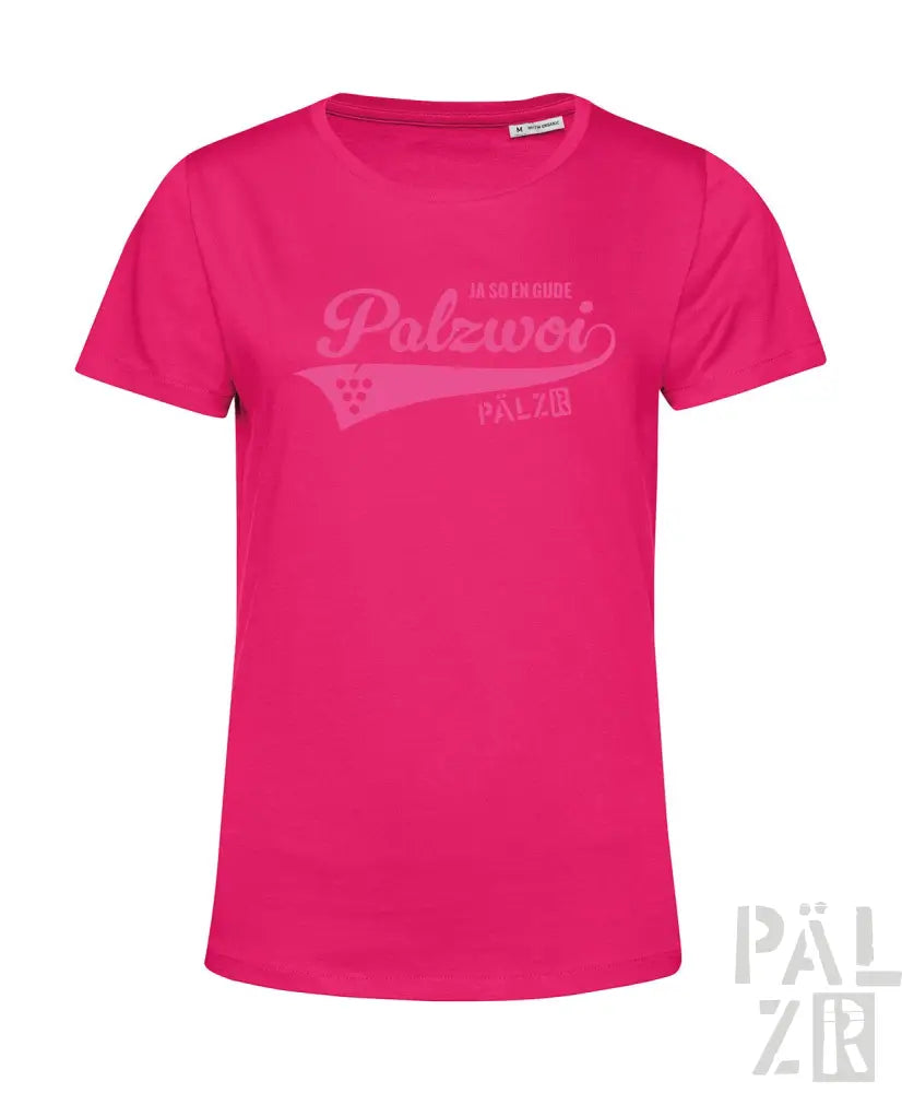Rosa T-Shirt mit weißem Text und Design, das ’palzwoi’ in kursiver Schrift zeigt.