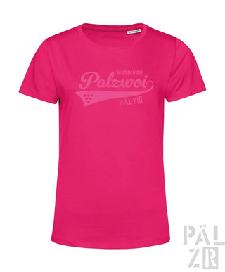 Rosa T-Shirt mit weißem Text und Design, das ’palzwoi’ in kursiver Schrift zeigt.
