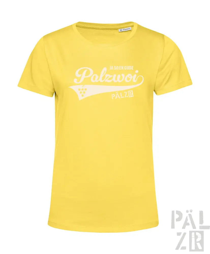 Gelbes T-Shirt mit weißem Logodesign, lässige Kleidung.