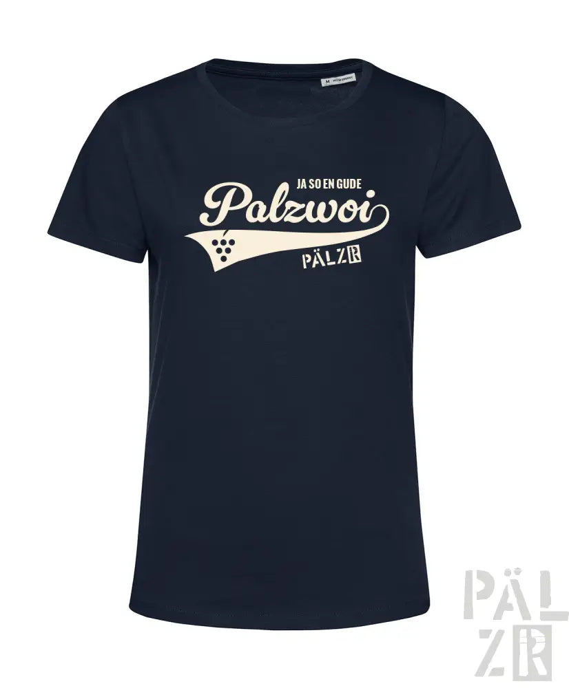 Marineblaues T-Shirt mit weißem ’polzwori’-Grafik und Rebenmuster.