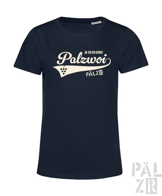 Marineblaues T-Shirt mit weißem ’polzwori’-Grafik und Rebenmuster.