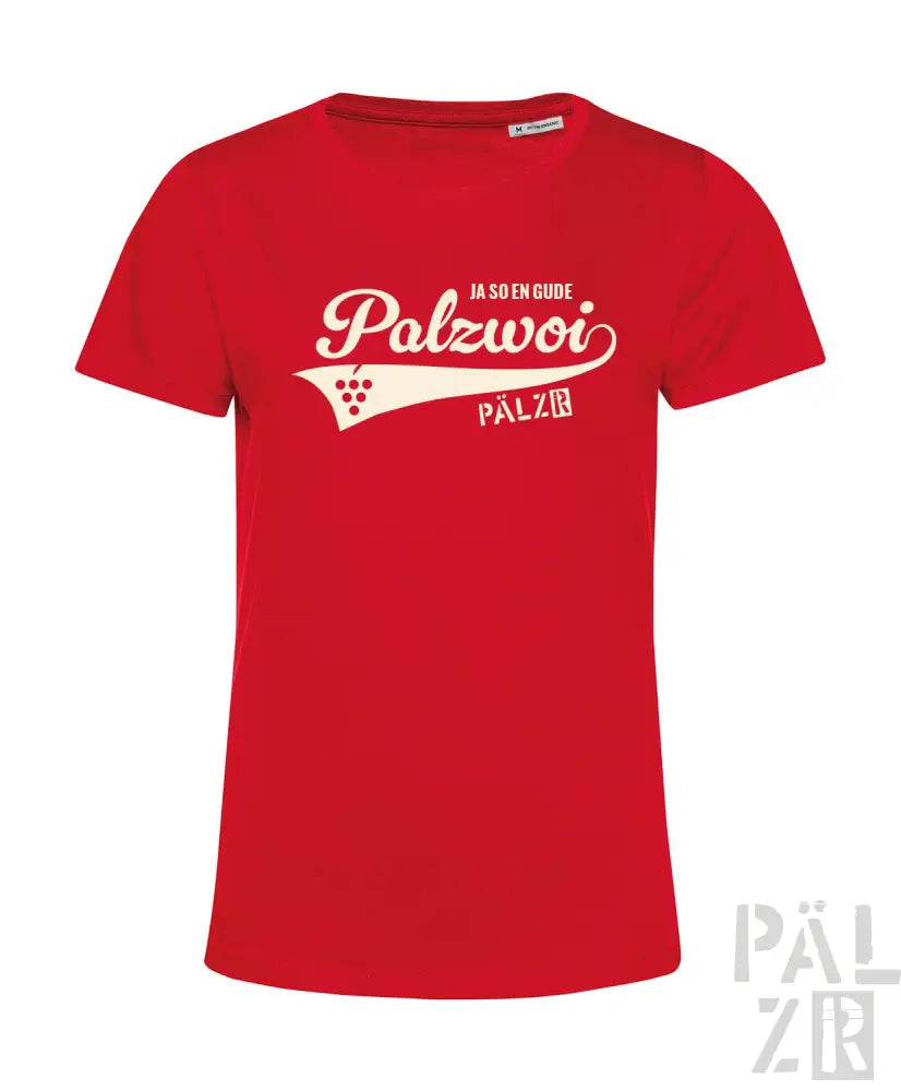 Rotes Baumwoll-T-Shirt mit weißem ’polzwoi’-Grafik und Trauben-Design.