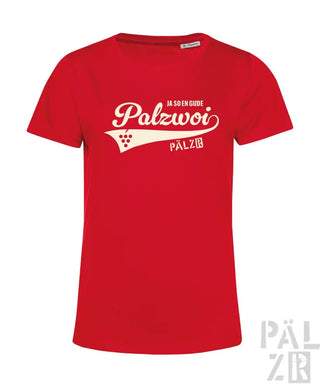 Rotes Baumwoll-T-Shirt mit weißem ’polzwoi’-Grafik und Trauben-Design.