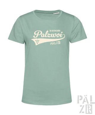 Minzgrünes T-Shirt mit ’palzwoi’-Design und Traubencluster-Grafik, Baumwollmaterial.