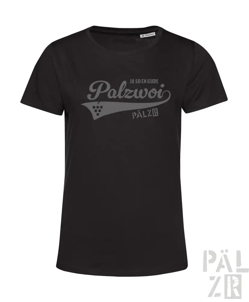 Schwarzes Baumwoll-T-Shirt mit ’palzwoi’ Grafikdesign und Weintrauben-Motiv.