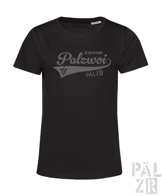 Schwarzes Baumwoll-T-Shirt mit ’palzwoi’ Grafikdesign und Weintrauben-Motiv.
