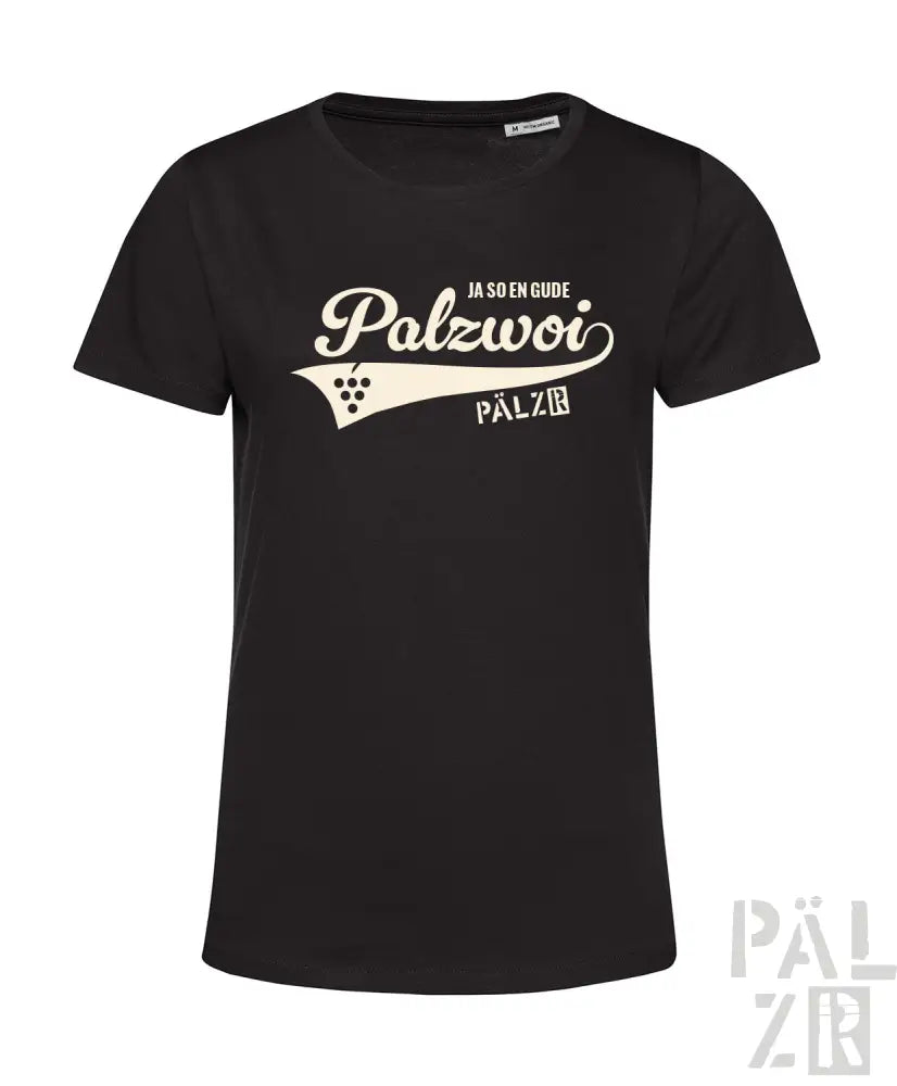 Schwarzes T-Shirt mit weißem ’polzwori’-Design und Trauben-Grafik.