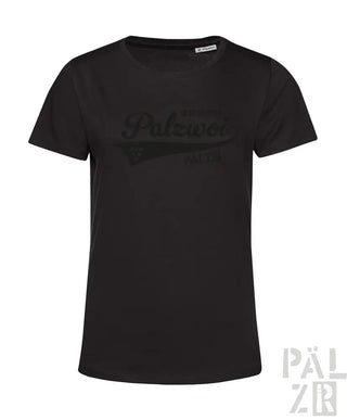 Schwarzes T-Shirt mit ’pälzer’-Logo-Design, kurzen Ärmeln und Rundhals.