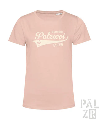 Rosa T-Shirt mit ’palzwoi’ Grafikdesign, kurzen Ärmeln und Rundhals.