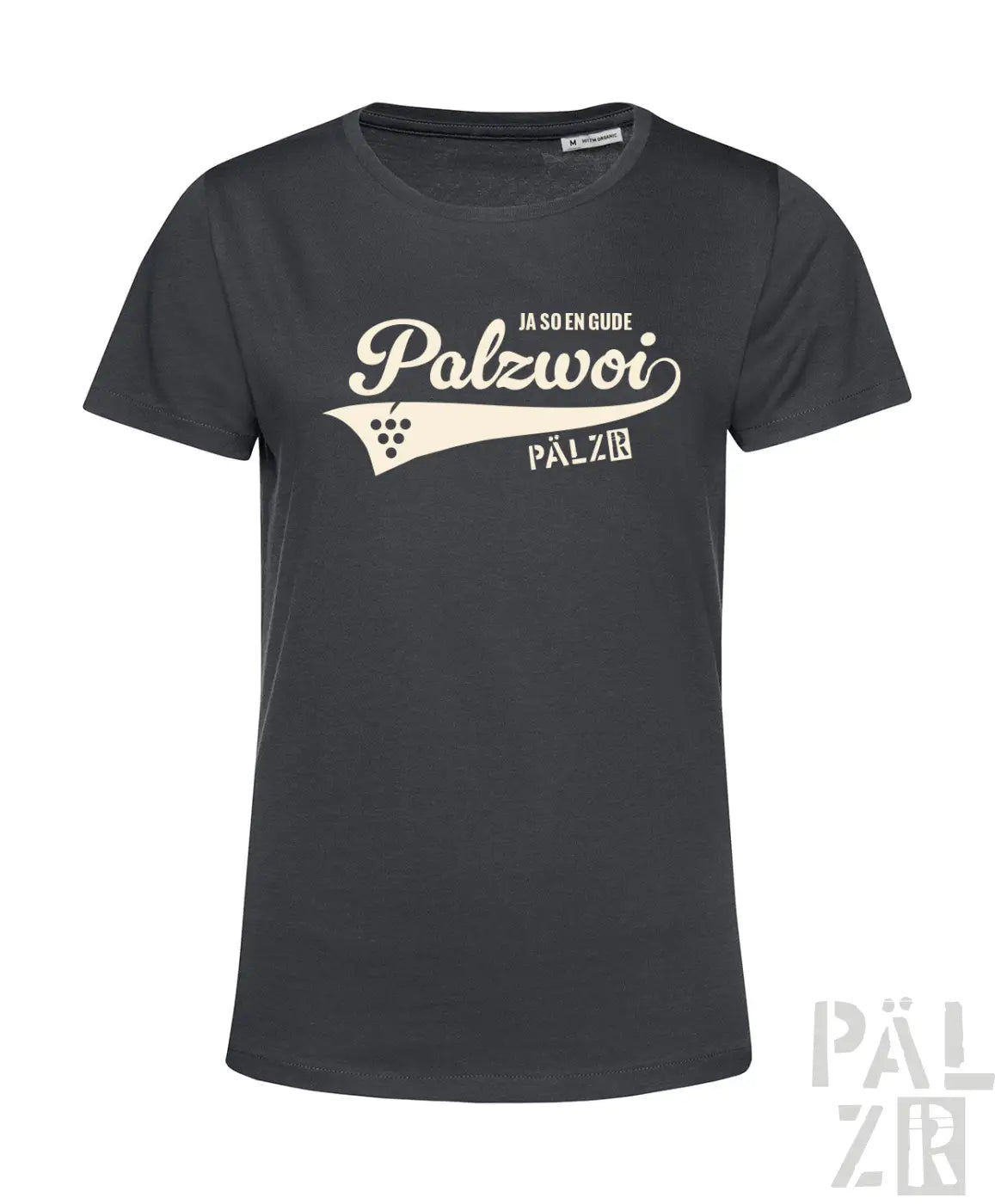 Dunkelgraues kurzarm t-shirt frauen palzwoi mit cremefarbenem vintage grafik und weinreben details