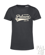 Dunkelgraues kurzarm t-shirt frauen palzwoi mit cremefarbenem vintage grafik und weinreben details