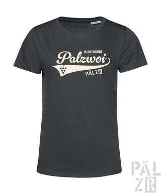 Dunkelgraues kurzarm t-shirt frauen palzwoi mit cremefarbenem vintage grafik und weinreben details
