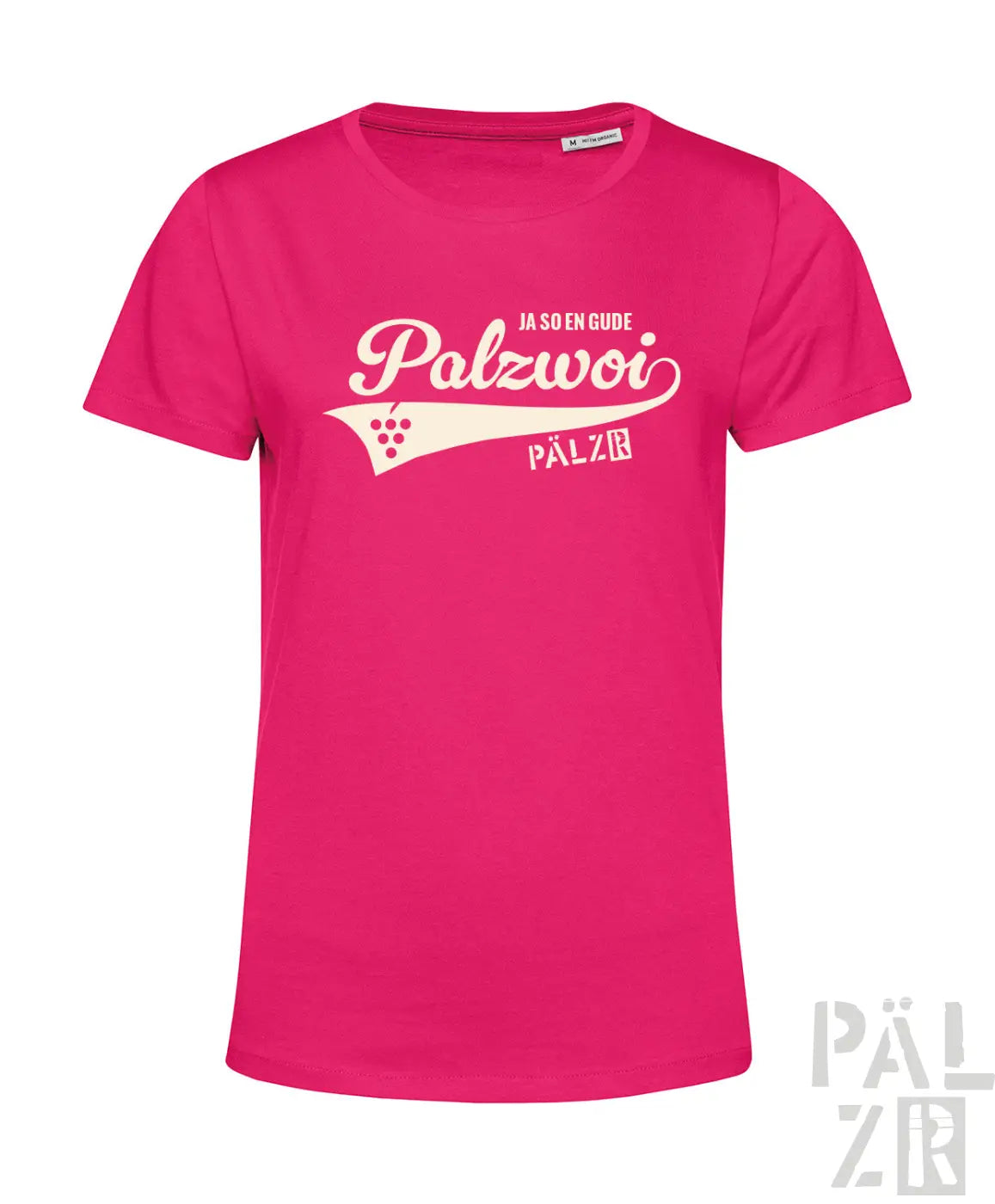 Vibrantes pinkes frauen t-shirt palzwoi mit weißem grafischem text ja so en gude palzwoi und traubenmotiven