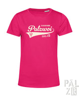 Vibrantes pinkes frauen t-shirt palzwoi mit weißem grafischem text ja so en gude palzwoi und traubenmotiven