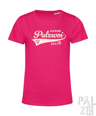 Vibrantes pinkes frauen t-shirt palzwoi mit weißem grafischem text ja so en gude palzwoi und traubenmotiven