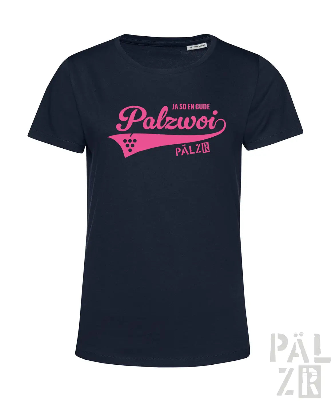 Frauen navy blaues kurzarmshirt mit pinkem palzwoi schriftzug und traubenmotiven in verschiedenen farben