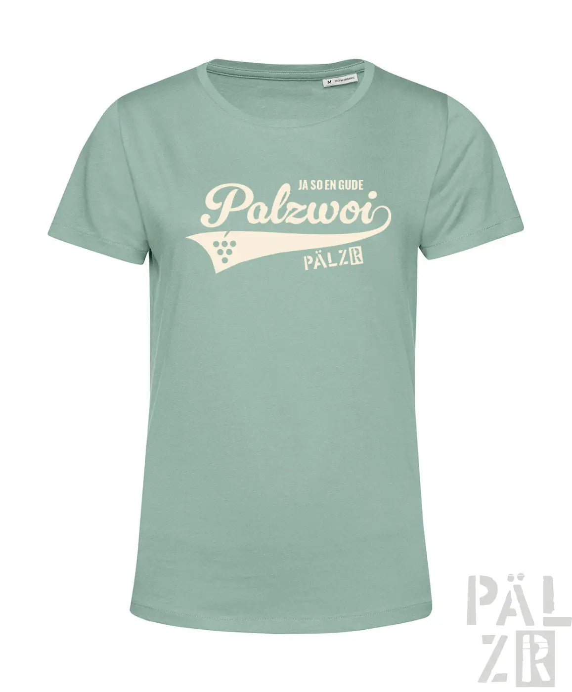 Frauen kurzarm t-shirt palzwoi in softem minzgrün mit cremefarbenem vintage grafik und weinranken details