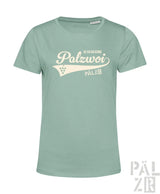 Frauen kurzarm t-shirt palzwoi in softem minzgrün mit cremefarbenem vintage grafik und weinranken details