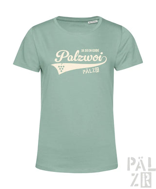 Frauen kurzarm t-shirt palzwoi in softem minzgrün mit cremefarbenem vintage grafik und weinranken details