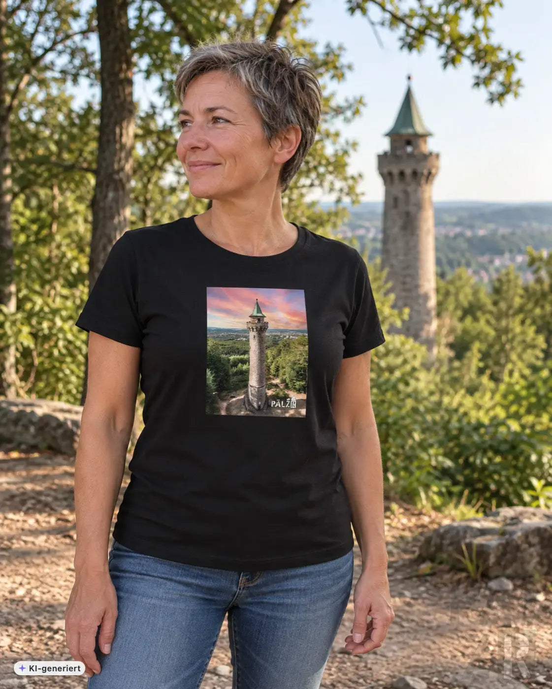 Frauen t-shirt aus schwarzer baumwolle mit fotoprint des humbergturms bei sonnenuntergang