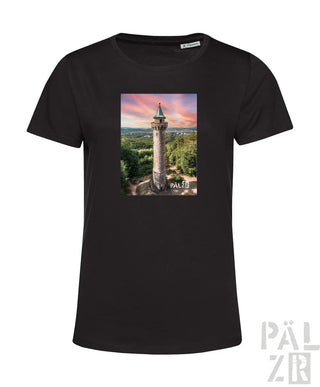 Schwarzes T-Shirt mit Turm-Design, das das Wort ’pälzer’ in Weiß zeigt.