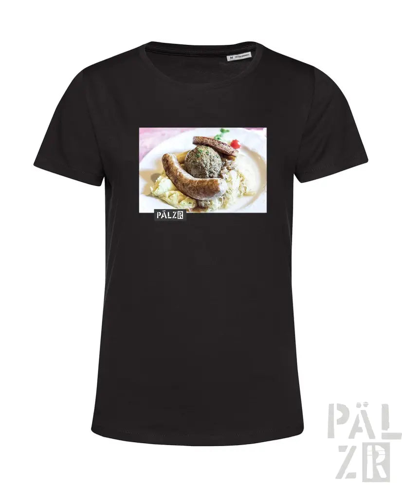 Schwarzes T-Shirt mit bedrucktem Food-Design, das eine Mahlzeit aus Wurst und Kartoffelpüree zeigt.