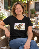 Schwarzes frauen t-shirt aus baumwolle mit fotoprint von schlachtplatte und dem schriftzug palzib