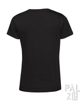 Schwarzes V-Ausschnitt-T-Shirt mit kurzen Ärmeln und einfachem Design.