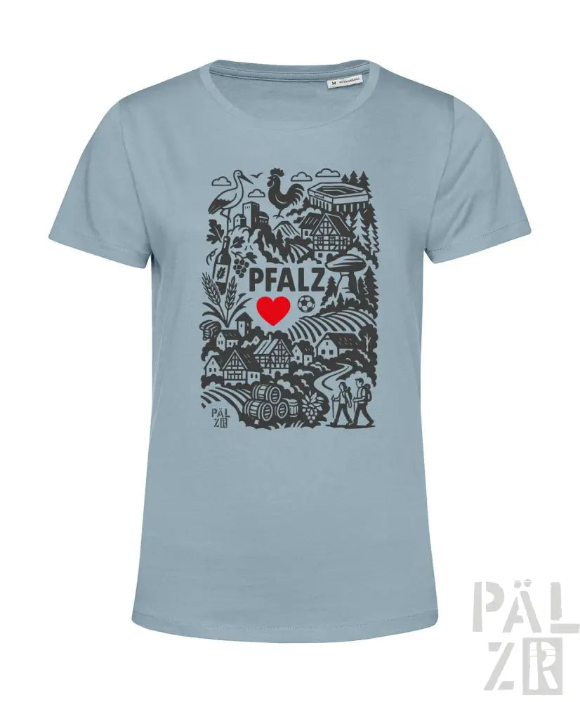 Blaues T-Shirt mit Grafikdesign, das ’pfalz’ und ein rotes Herz zeigt, aus Baumwolle.