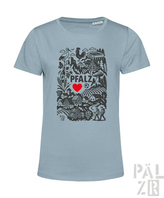 Blaues T-Shirt mit Grafikdesign, das ’pfalz’ und ein rotes Herz zeigt, aus Baumwolle.