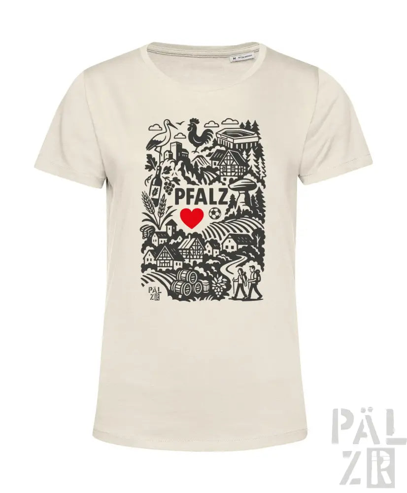 Cremeweiße Bio-Baumwoll-T-Shirt mit schwarzem und rotem Design, das den Text ’pfalz’, ein Herzsymbol und verschiedene Illustrationen zeigt.