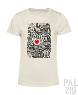 Cremeweiße Bio-Baumwoll-T-Shirt mit schwarzem und rotem Design, das den Text ’pfalz’, ein Herzsymbol und verschiedene Illustrationen zeigt.