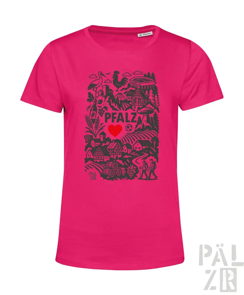 Pinkes T-Shirt mit schwarzem Grafikdesign und rotem Herz, aus Baumwolle.