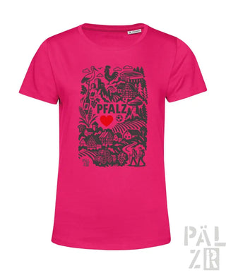 Pinkes T-Shirt mit schwarzem Grafikdesign und rotem Herz, aus Baumwolle.