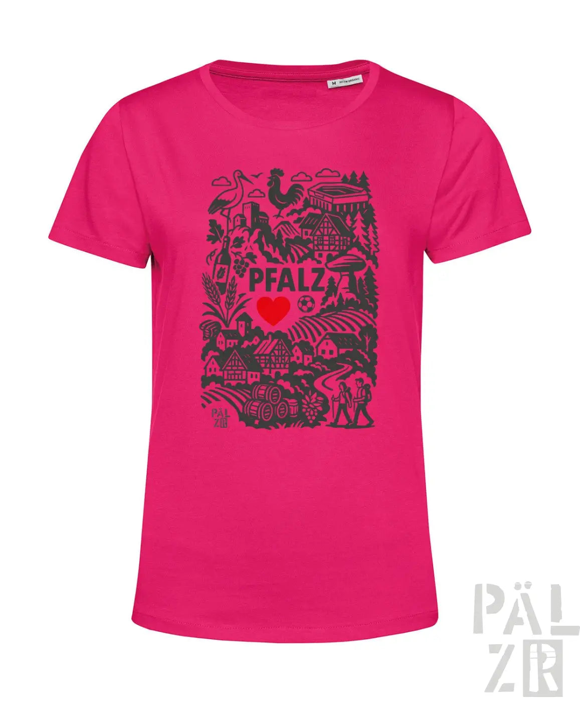 Pinkes T-Shirt mit schwarzem Grafikdesign und rotem Herz, aus Baumwolle.