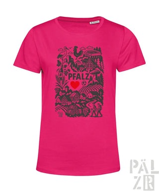 Pinkes T-Shirt mit schwarzem Grafikdesign und rotem Herz, aus Baumwolle.