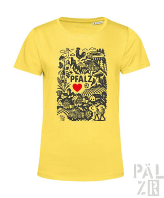 Gelbes T-Shirt mit schwarz-roter Gestaltung, das den Text „pfalz“, ein Herzsymbol und verschiedene Illustrationen zeigt.
