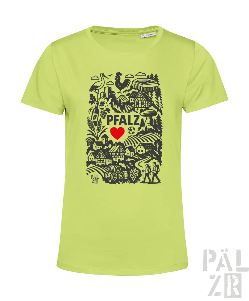 Limettengrünes Bio-Baumwoll-T-Shirt mit ‚Pfalz‘ und einem roten Herz-Design.