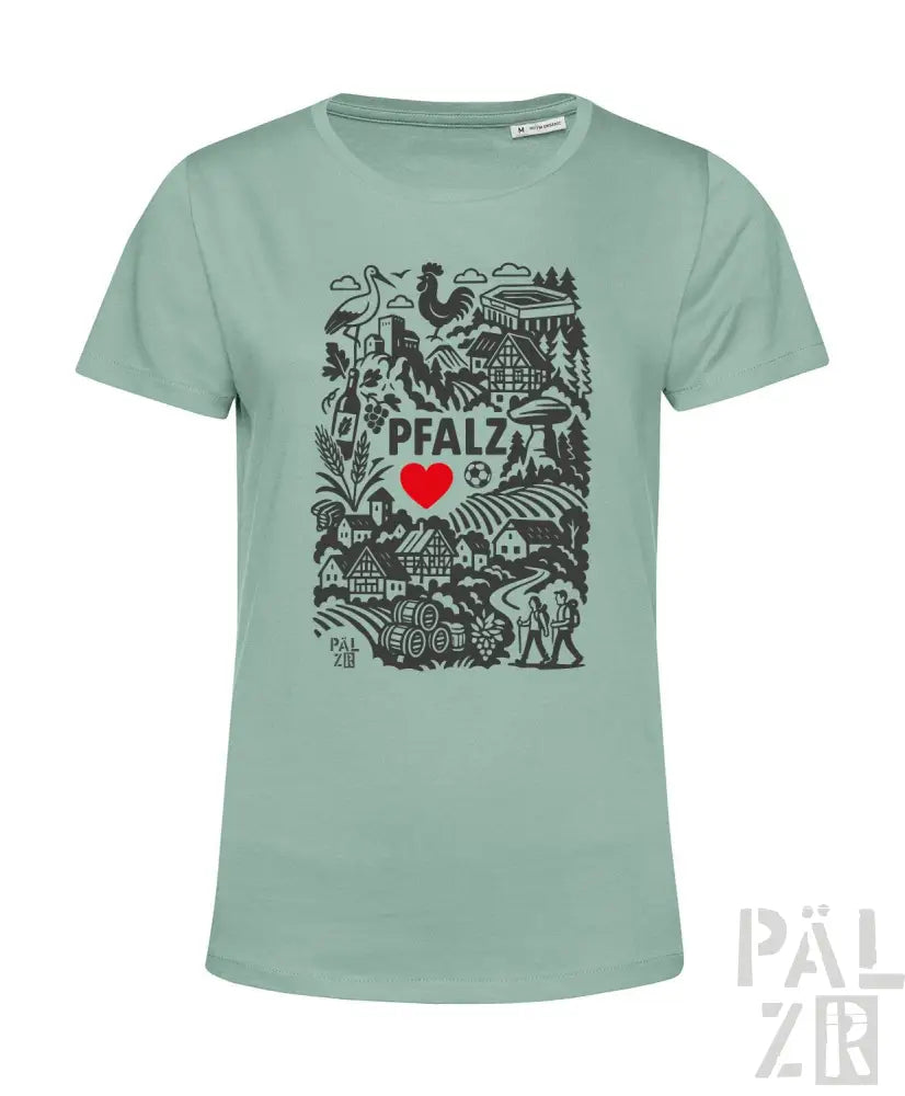Minzgrünes Bio-Baumwoll-T-Shirt mit schwarz-rotem Design, das den Text ’pfalz’, ein Herzsymbol und verschiedene Illustrationen zeigt.
