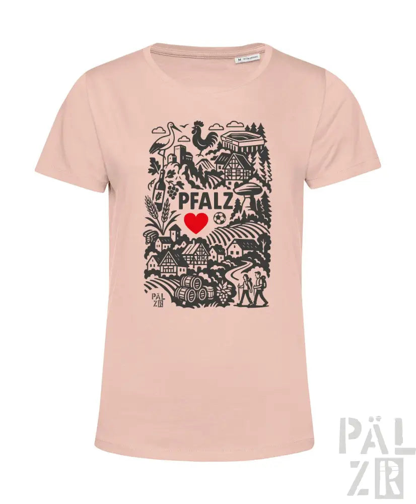 Rosa T-Shirt mit schwarz-roter Gestaltung, die den Text ’Pfalz’, ein Herzsymbol und verschiedene Illustrationen zeigt.
