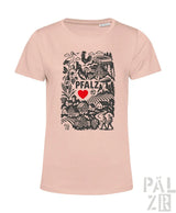 Rosa T-Shirt mit schwarz-roter Gestaltung, die den Text ’Pfalz’, ein Herzsymbol und verschiedene Illustrationen zeigt.