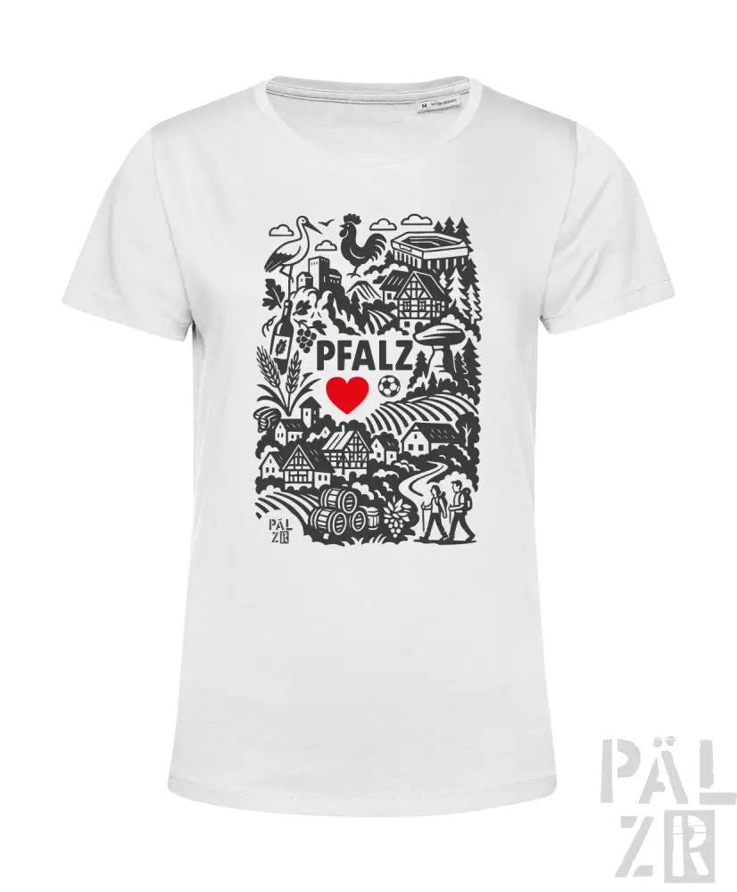 Weißes T-Shirt mit schwarz-roter Gestaltung, die den Text „pfalz“, ein Herzsymbol und verschiedene Illustrationen zeigt.