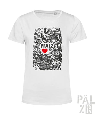 Weißes T-Shirt mit schwarz-roter Gestaltung, die den Text „pfalz“, ein Herzsymbol und verschiedene Illustrationen zeigt.