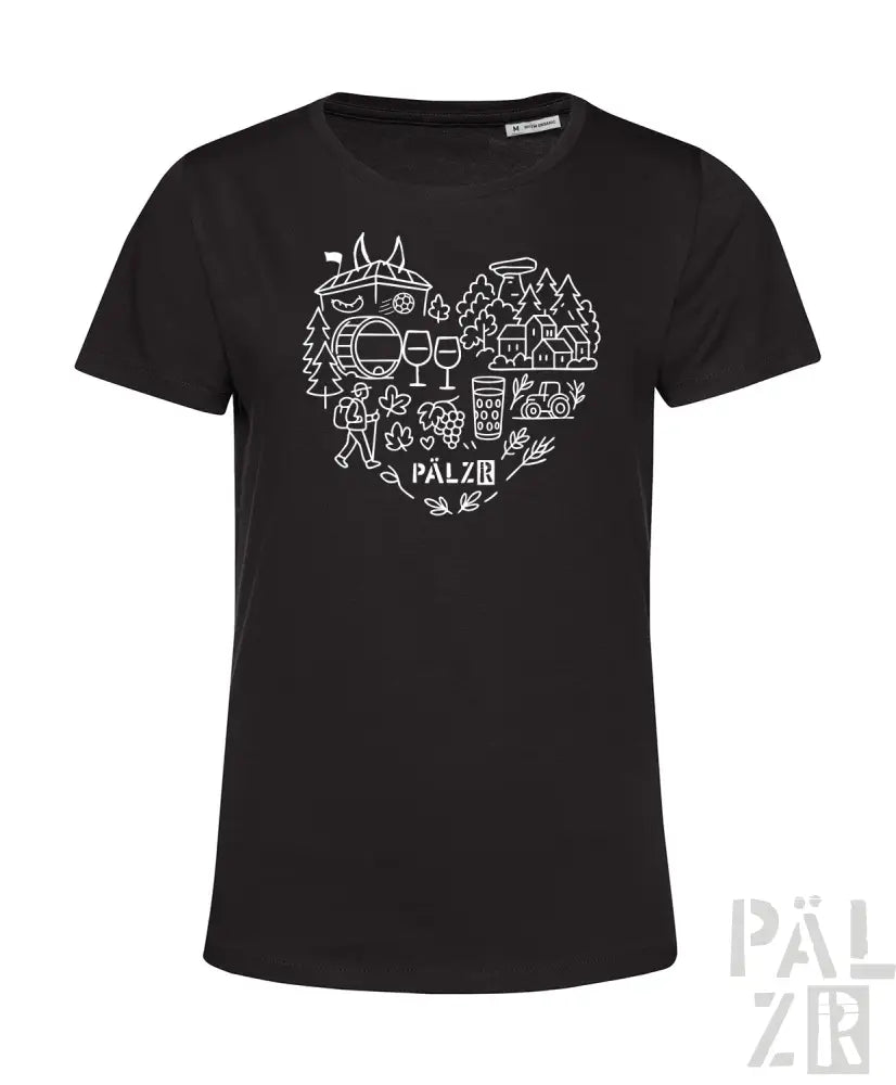 Schwarzes T-Shirt mit weißem Herz-Design, das Wein- und Wald-Elemente zeigt, ’palzin’-Text am unteren Rand.