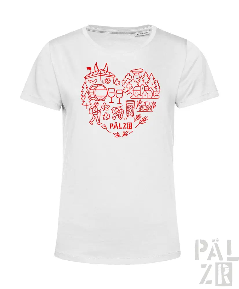 Weißes T-Shirt mit rotem Herz-Design, das Wein- und Weinbergs-Elemente enthält, aus Bio-Baumwolle.