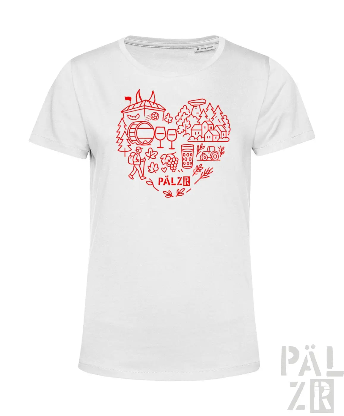 Weißes T-Shirt mit rotem Herz-Design, das Wein- und Weinbergs-Elemente enthält, aus Bio-Baumwolle.