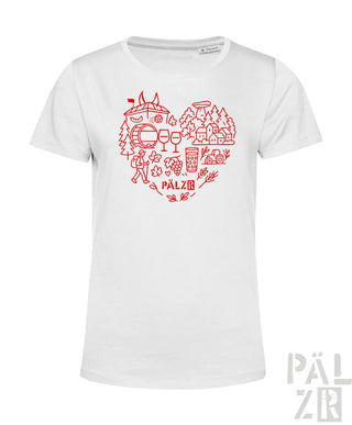 Weißes T-Shirt mit rotem Herz-Design, das Wein- und Weinbergs-Elemente enthält, aus Bio-Baumwolle.