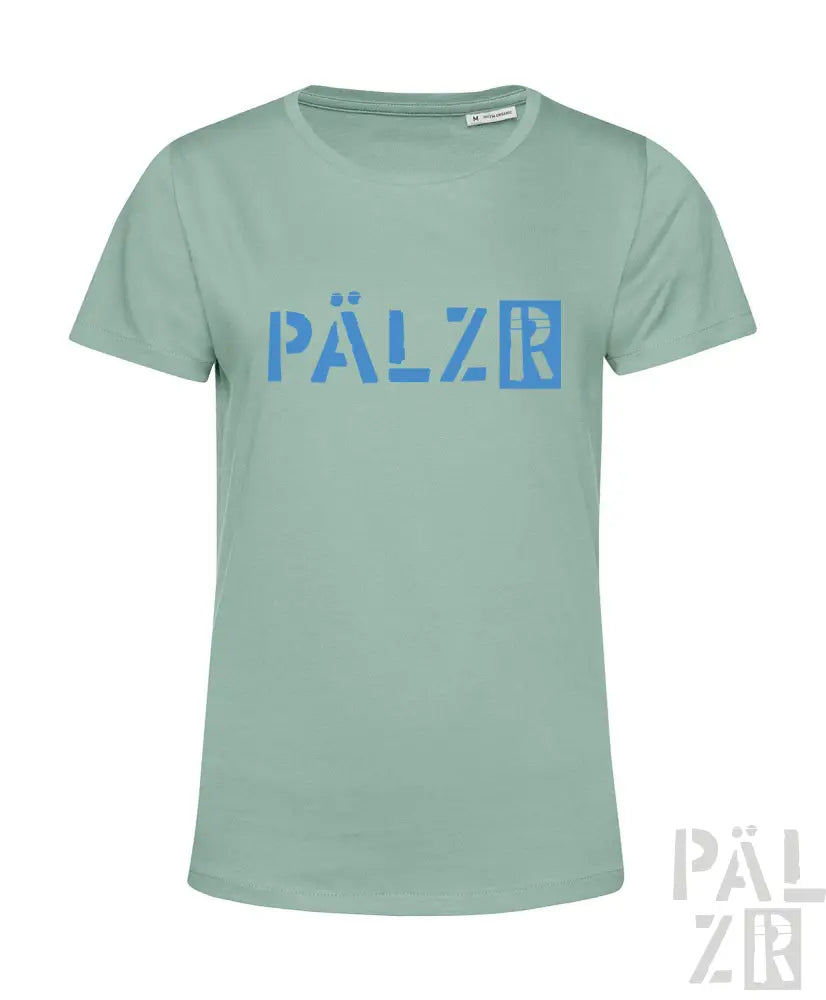 Minzgrünes T-Shirt mit ’pälzr’-Logo in blau-weißer Gestaltung, aus Baumwolle gefertigt.