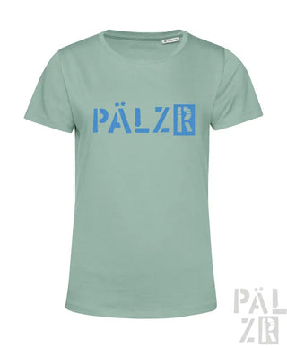 Minzgrünes T-Shirt mit ’pälzr’-Logo in blau-weißer Gestaltung, aus Baumwolle gefertigt.